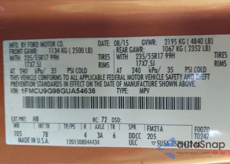 2016 Ford Escape Se z USA, uszkodzony, nr VIN 1FMCU9G98GUA54638